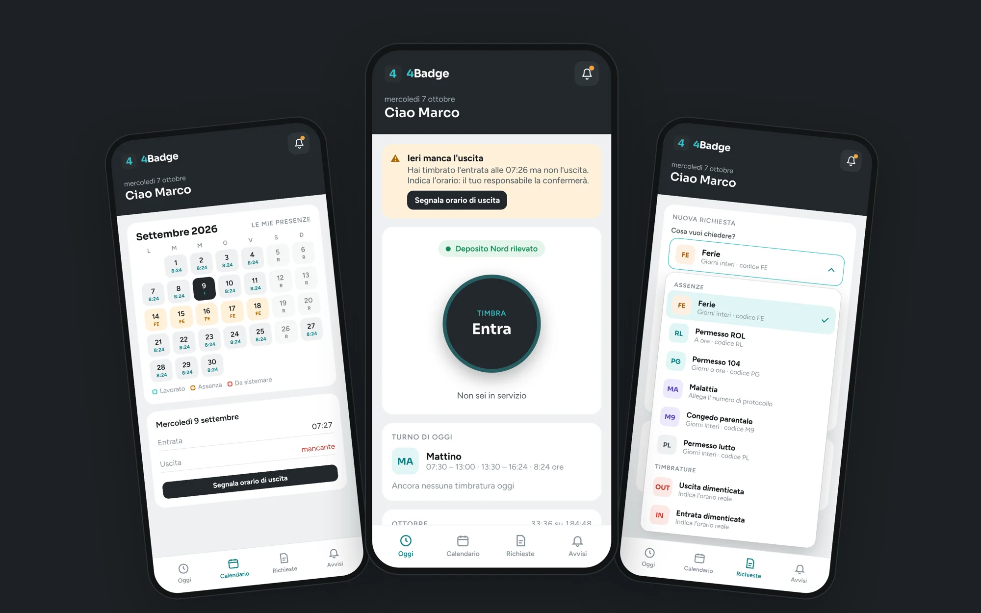 Tre schermate dell'app 4Badge: il calendario delle presenze, il pulsante per timbrare l'entrata e il menu per chiedere ferie o permessi.