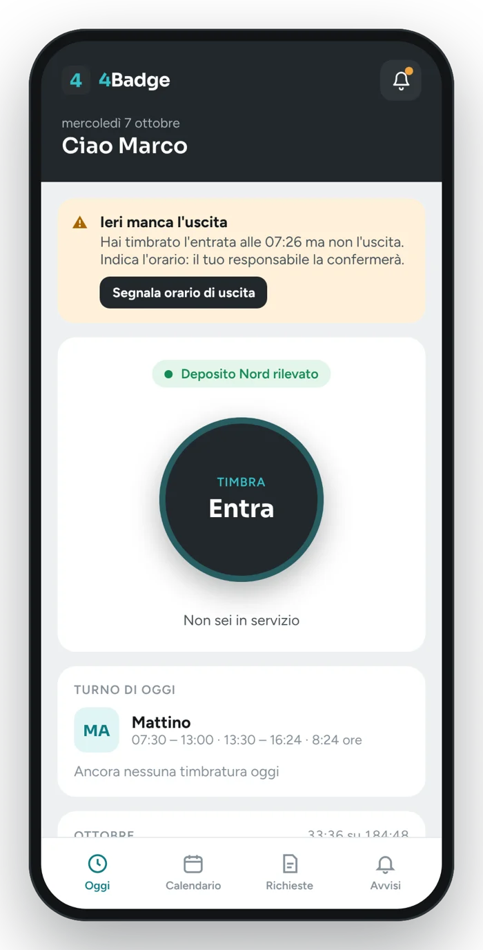 Schermata Oggi dell'app con il pulsante Entra e il turno del giorno.